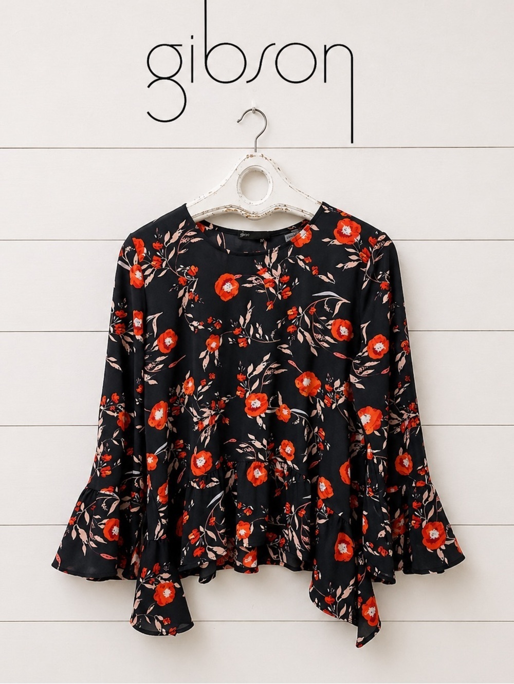 GIBSON Floral Blouse L – Navy/Red